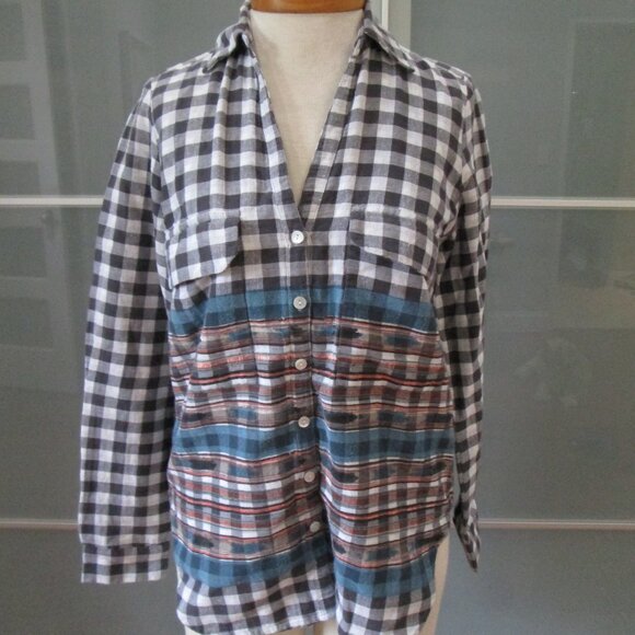 Roberta Roller Rabbit Check & Ikat Print Long Sleeve V-Neck Shirt - Picture 1 of 7